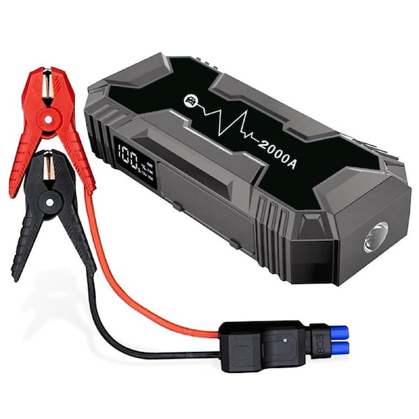 Black 2000A Car 12V Jump Starter 20000mAh Smart Clamp