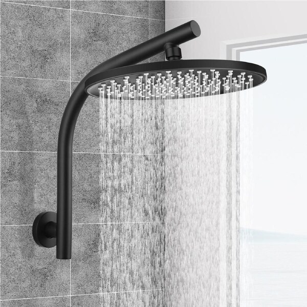 ACA Black WELS Bath 10'' Round Plastic Shower Head Rose Gooseneck Wall Arm Set