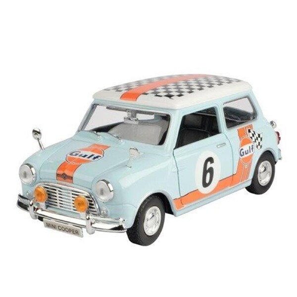 Motormax 1:18 Scale Gulf Livery Morris Mini Cooper 1961-67 Light Blue Model Car