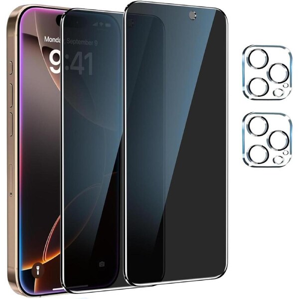 [2+2 Pack] 2 PCS Front Privacy Screen Protector for iPhone 16 Pro (6.3 inch) with 2 PCS Camera Lens Protector - 2 Pack Each