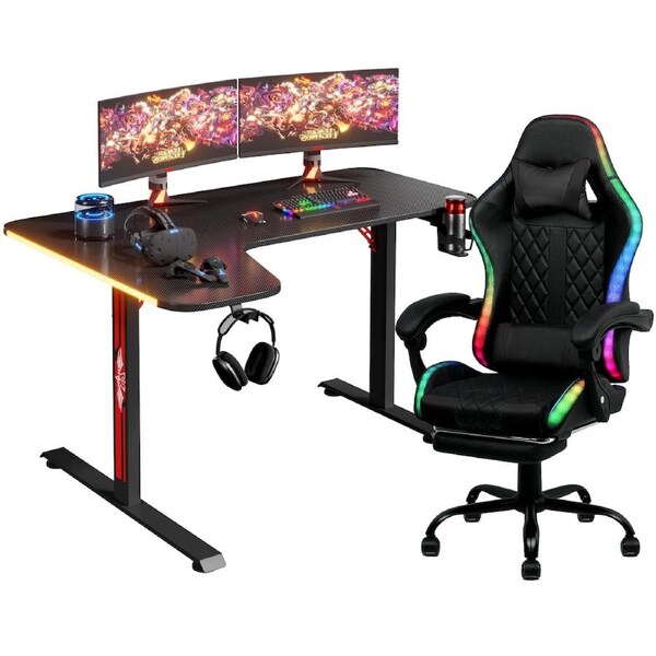 Advwin L Shape 140cm Gaming Desk RGB LED Light & Gaming Chair RGB LED Massage Office Chair Black