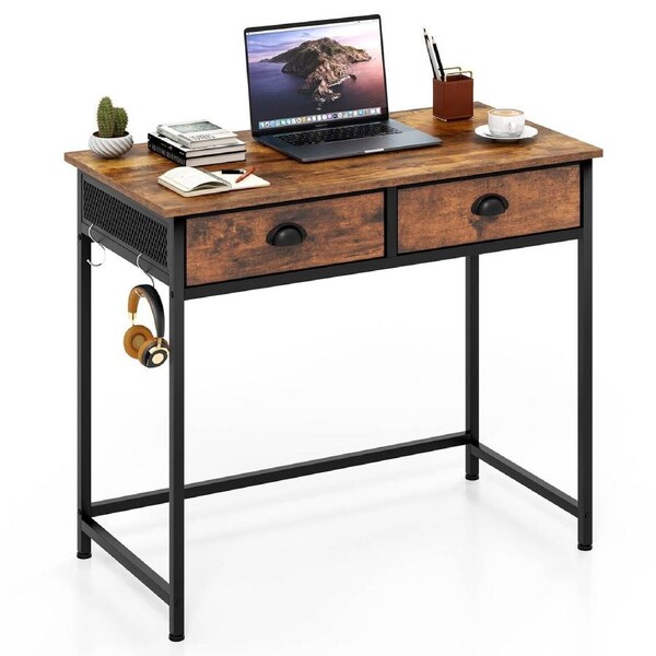 Costway Fabric Drawers Computer Desk Metal Frame Home Office Study Desk w/4 Hanging Hooks Brown