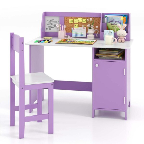 Costway Table & Chair Set Activity Play Study Desk w/Bookshelf & Storage Cabinet Purple