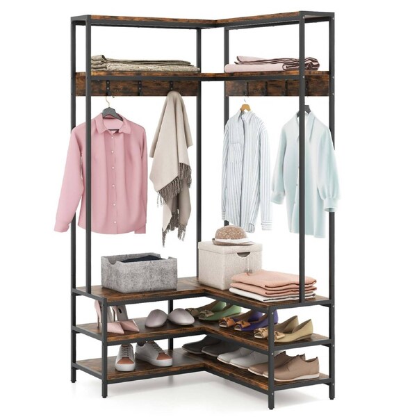 Costway 5 Shelves Coat Rack L-shaped Corner Garment Ample Display Shelf w/Shoe Storage Clothes Stand Organizer