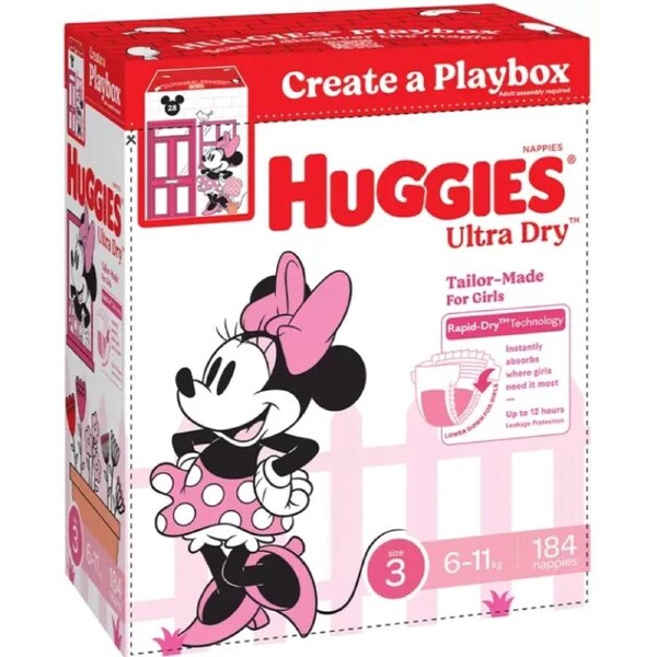 Huggies Girls' Ultra Dry Nappies Size 3 Crawler (6-11kg) 184 Nappies