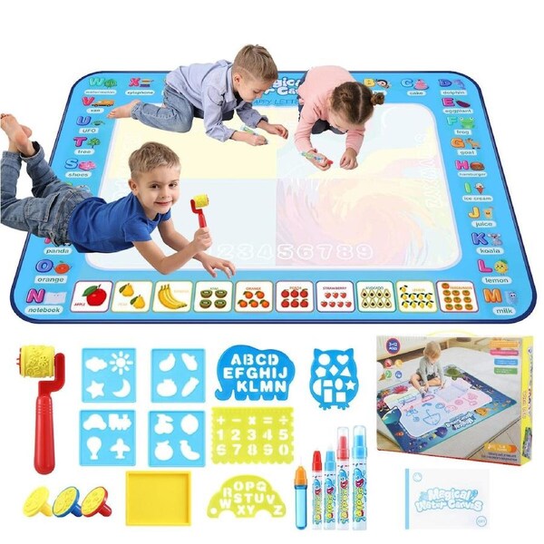 Large Water Doodle Mat Kids Painting Drawing Writing Board Colour Magic Pens Stamps Aqua DIY Craft Canvas Cartoon Rug Carpet Educational Toy 150x100cm