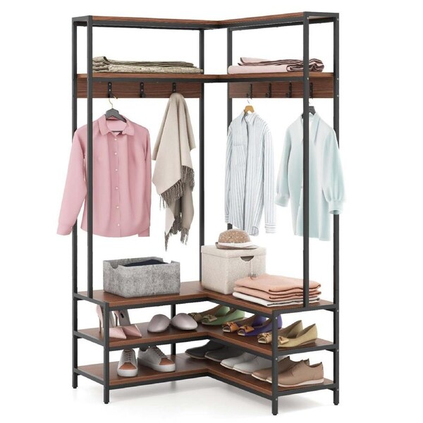 Costway L-shaped Corner Garment Rack Clothes Coat Rack Storage Organizer w/Shoe Bench Natural