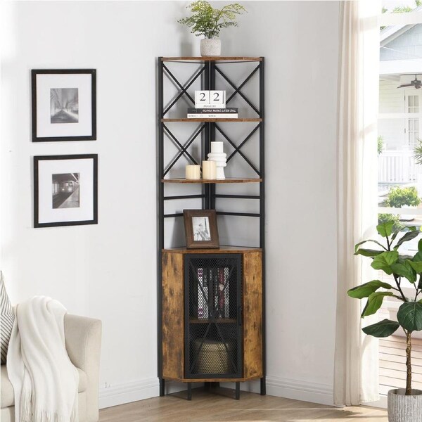 IHOMDEC 6-Tier Pentagon Standing Storage Corner Shelf with Cabinet Rustic Dark Brown