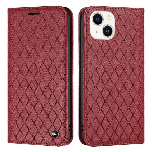 For iphone 13 14 Case, PU Leather Flip Cover Magnetic Closure Wallet Card Slots Stand Case Lattice Design - Red