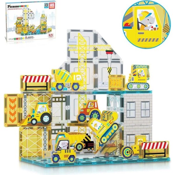 Picasso Tiles Construction Kids/Children Magnetic Tile Set w/ Vehicles 3y+