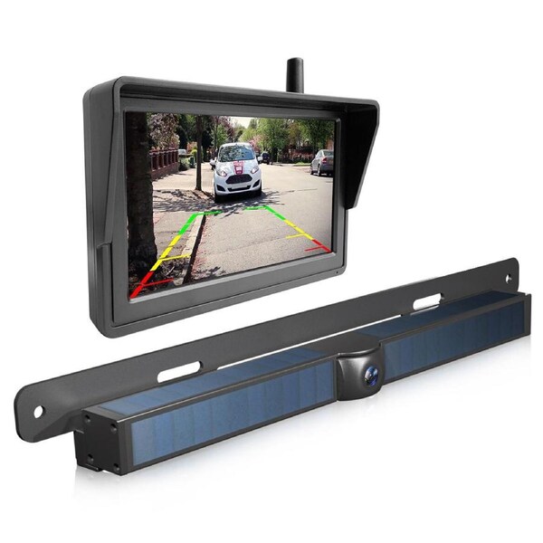 Elinz Solar Powered License Plate 720P HD Backup Camera System 2.4Ghz Digital Wireless 5" Monitor Rear View Kit