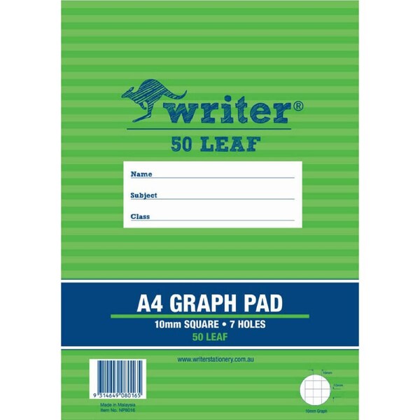 Writer 7 Holes Graph Pad 50 Leaves A4 (10mm Squares)