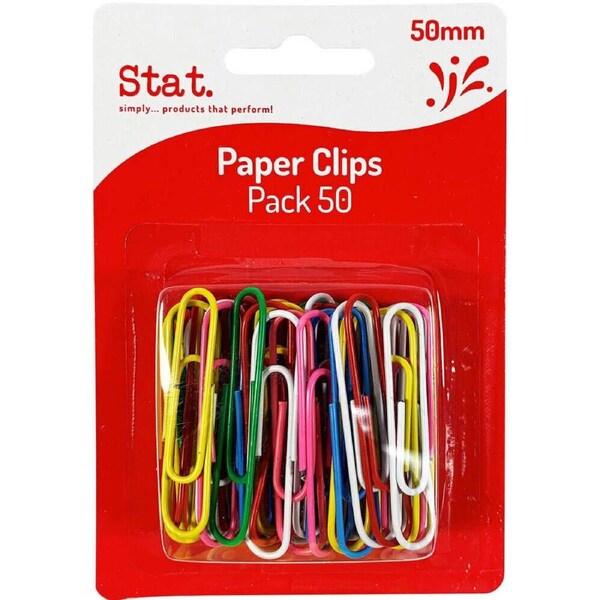 Stat Paper Clips 50pk 50mm (Assorted Colours)