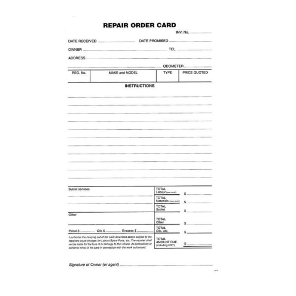 Zions Repair Order Cards (250pk)