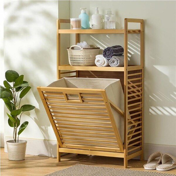 Bamboo Bathroom Laundry Hamper,Freestanding Laundry Hampers with Shelves,Clothes Storage(95 * 50 * 30)