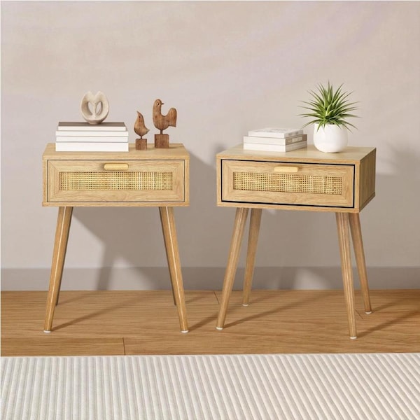 Oikiture Bedside Tables Set of 2 Side Table Storage Cabinet Nightstand Rattan