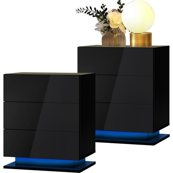 Oikiture Bedside Tables Set of 2 LED Nightstand Cabinet 3 Drawers Side Table