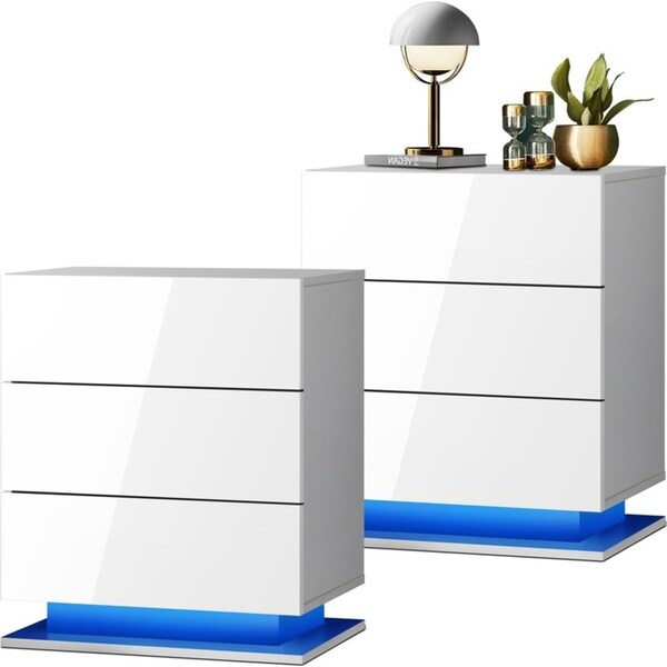 Oikiture Bedside Tables Set of 2 LED Side Table Nightstand Cabinet 3 Drawers