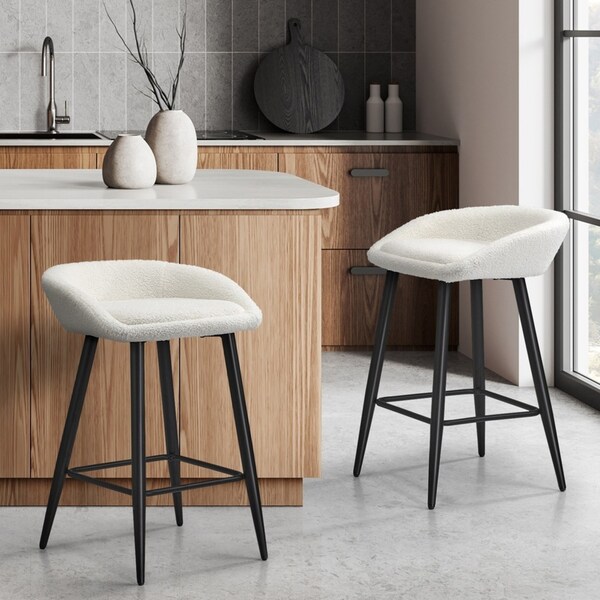 Oikiture Bar Stools Set of 2 Kitchen Dining Chairs Counter Stool White Boucle