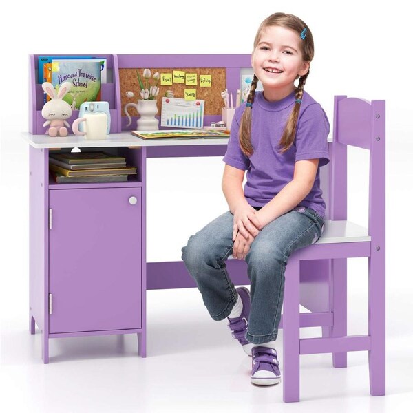 Babyjoy Kids Table & Chair Set Children Study Desk Wooden Workstation Writing Art Table w/Bookshelf & Cabinet Purple
