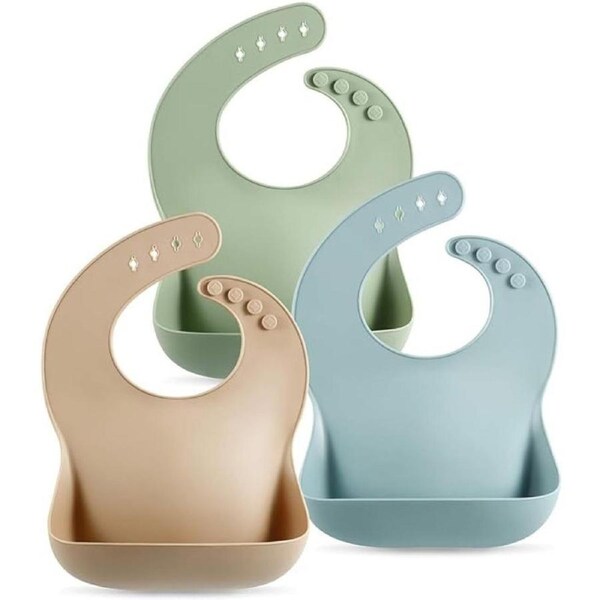 PandaEar 3 Pack Cute Silicone Baby Bibs for Babies & Toddlers (10-72 Months)- Waterproof Baby Feeding Bibs Adjustable with Wide Food Catcher Pocket, Soft, Unisex, Non Messy Brown, Blue, Green