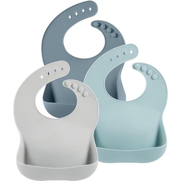 PandaEar 3 Pack Cute Silicone Baby Bibs for Babies & Toddlers (10-72 Months)- Waterproof Baby Feeding Bibs Adjustable with Wide Food Catcher Pocket, Soft, Unisex, Non Messy Dark blue, Blue, Gray