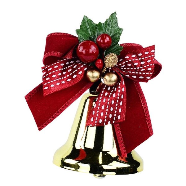 10cm Shiny Gold Christmas Bell Decoration With Red Bow & Holly