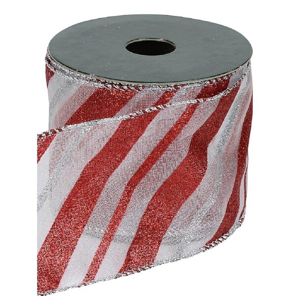 3m Red & Silver Candy Stripe Pattern On White Sheer Wide Cut Ribbon