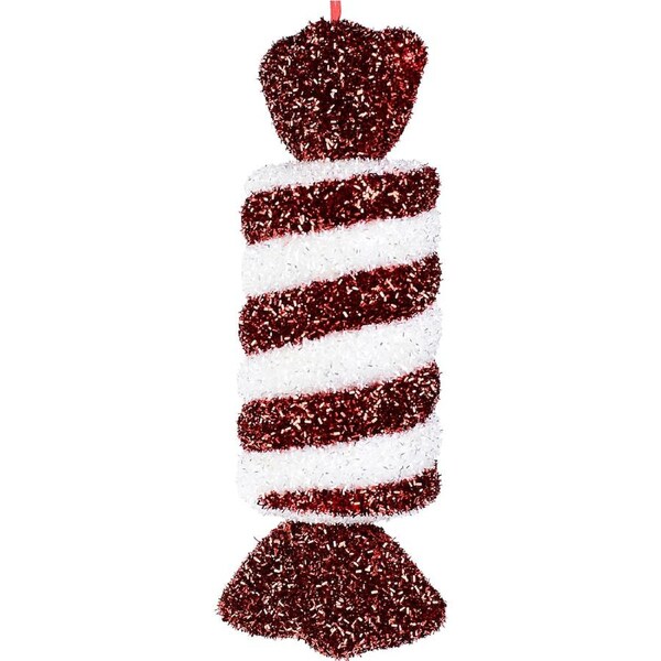34cm Red & White Swirl Wrapped Christmas Lolly Tinsel Plaque