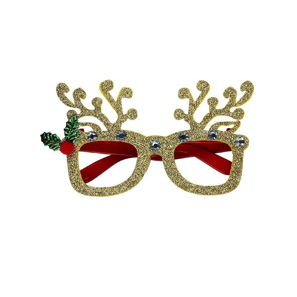 Gold Glitter Reindeer Antlers Fun Novelty Christmas Glasses - One Size Fits Most