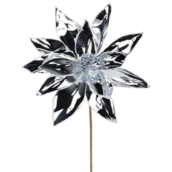 55cm Silver Patent High Shine Poinsettia Flower Long Christmas Stem