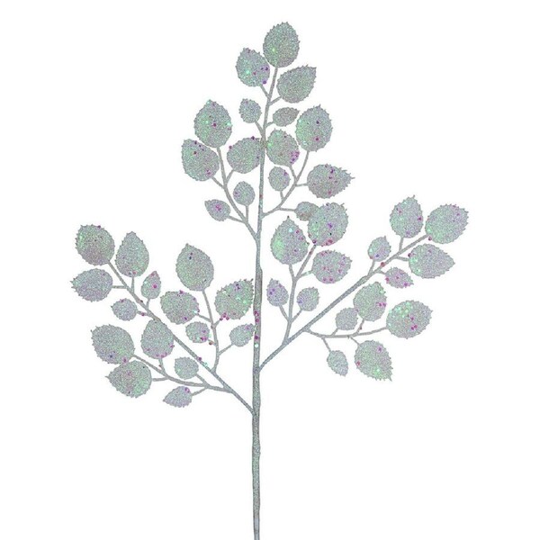 47cm White & Iridescent Glitter Holly Leaf Look Long Christmas Stem