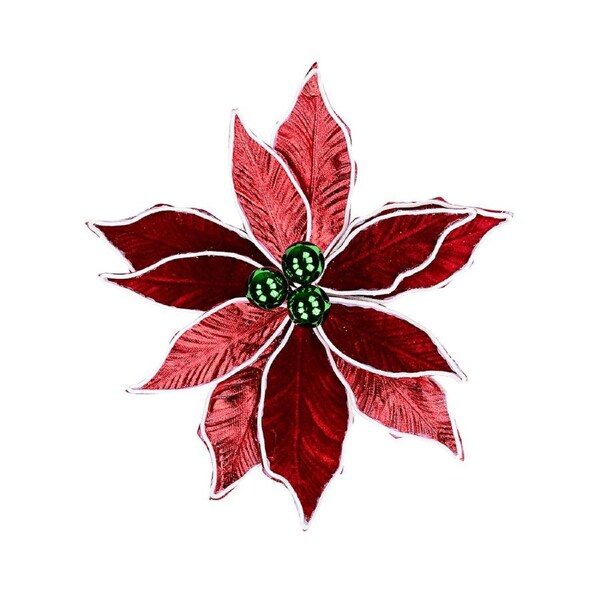 30cm Red Poinsettia Flower With White & Green Decor Christmas Tree Clip Pick