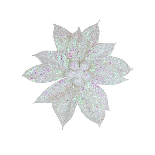 19cm White Poinsettia Flower With Iridescent Decor Christmas Tree Clip Pick