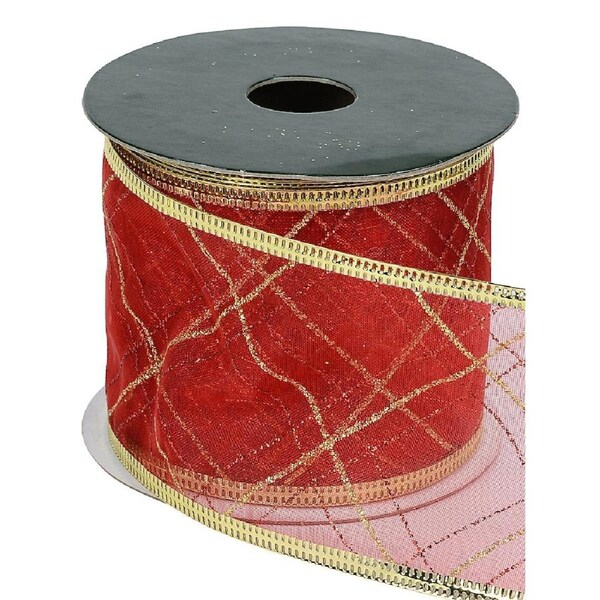 3m Red & Gold Plaid Pattern On Red Sheer Wide Cut Ribbon