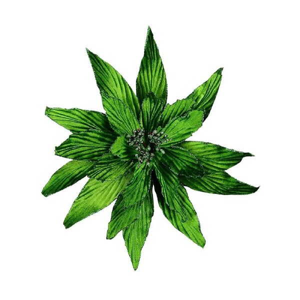 35cm Green Velour Poinsettia Flower With Glitter Christmas Tree Clip Pick