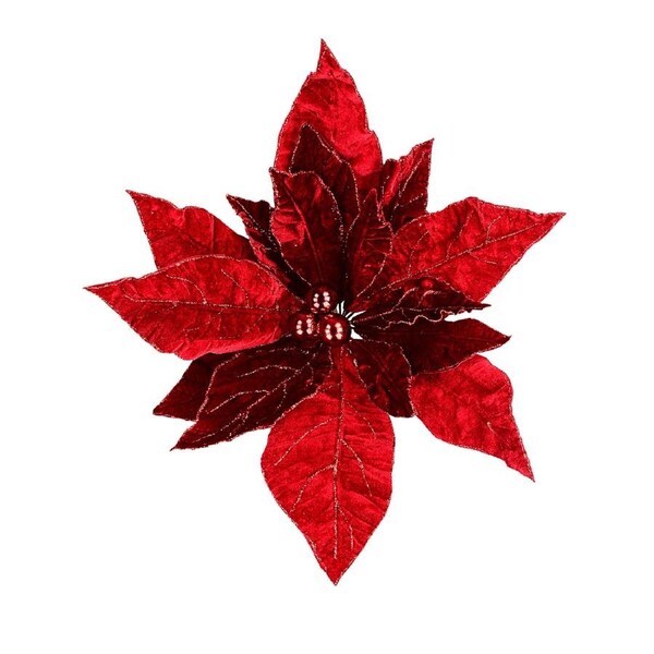 55cm Giant Red Velour Poinsettia Flower With Glitter Christmas Tree Clip Pick