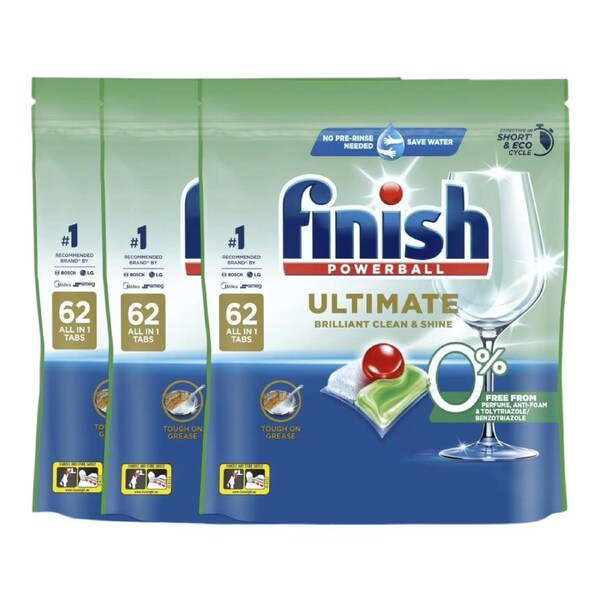 3 Pack Finish Ultimate 0% Free From Dishwasher Tablets 62 Pack