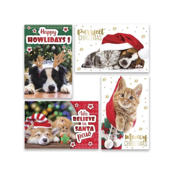 10x 17cm Cats & Dogs Design With Metallic Text Christmas Greeting Cards