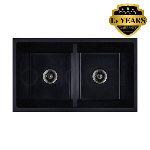 Baiachi 770 x 450 Double Bowl Granite Kitchen Sink Black with Gun metal Waste