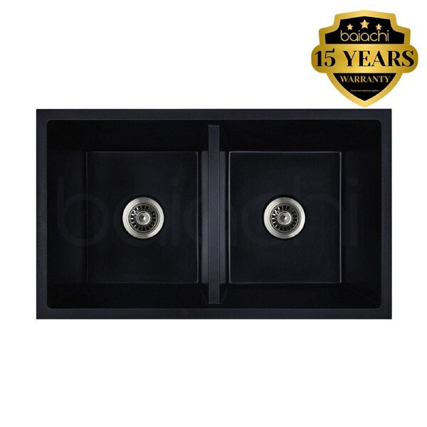 Baiachi 770 x 450 Double Bowl Granite Kitchen Sink Black with Stainless Steel Waste