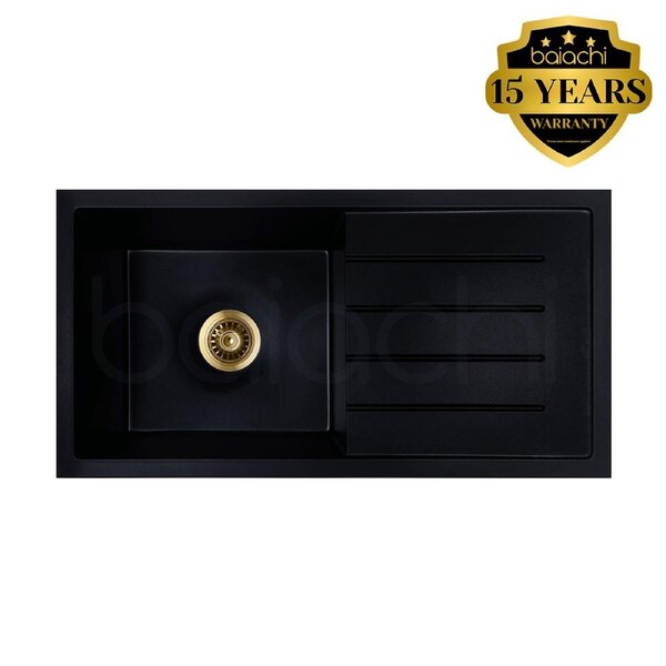 Baiachi 860 x 450 Single Bowl and Drainer Granite Kitchen Sink Black with Brushed Gold Waste