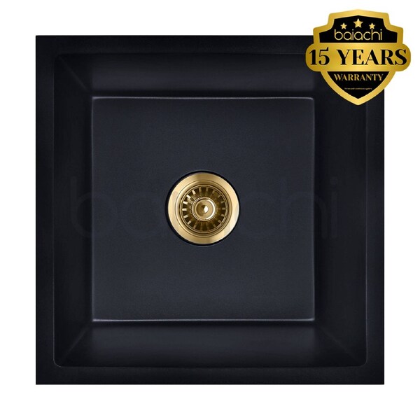 Baiachi 450 x 450 Single Bowl Granite Kitchen Sink Black with Brushed Gold Waste