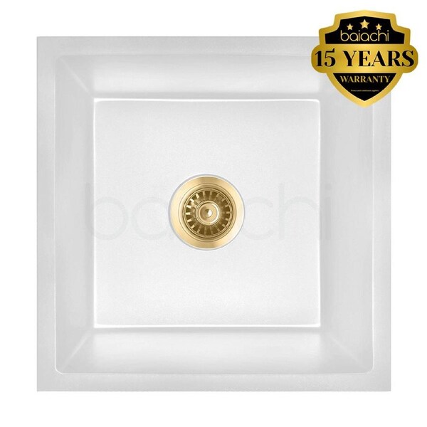 Baiachi 450 x 450 Single Bowl Granite Kitchen Sink White with Brushed Gold Waste