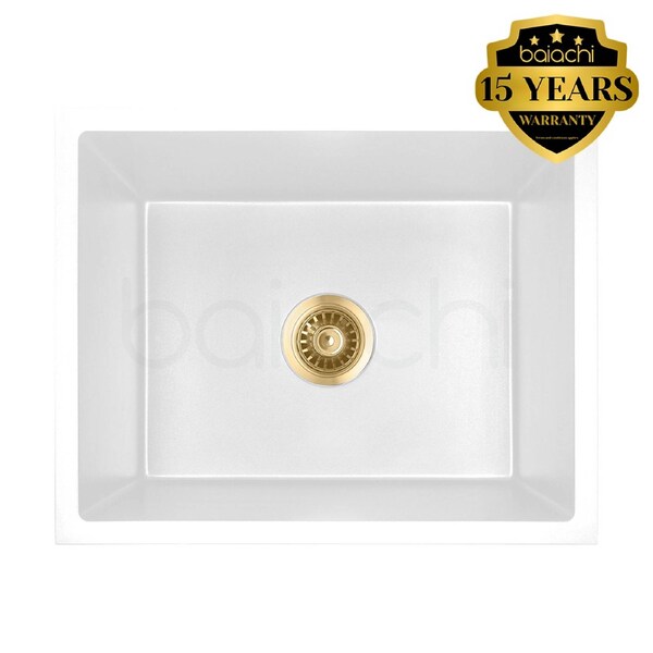Baiachi 650 x 450 Single Bowl Granite Kitchen Sink White with Brushed Gold Waste
