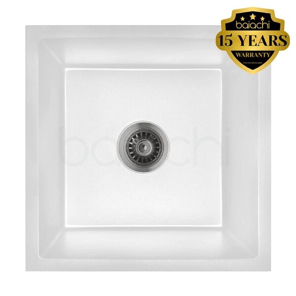 Baiachi 450 x 450 Single Bowl Granite Kitchen Sink White with Gun metal Waste