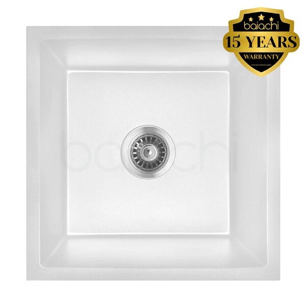 Baiachi 450 x 450 Single Bowl Granite Kitchen Sink White with Stainless Steel Waste