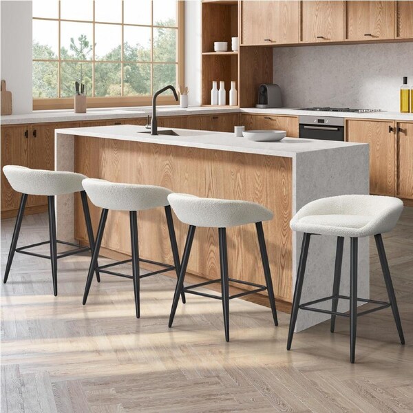 Oikiture Bar Stools Set of 4 Kitchen Dining Chairs Counter Stool White Boucle