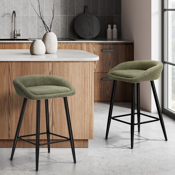 Oikiture Bar Stools Set of 2 Kitchen Dining Chairs Counter Stools Green Boucle