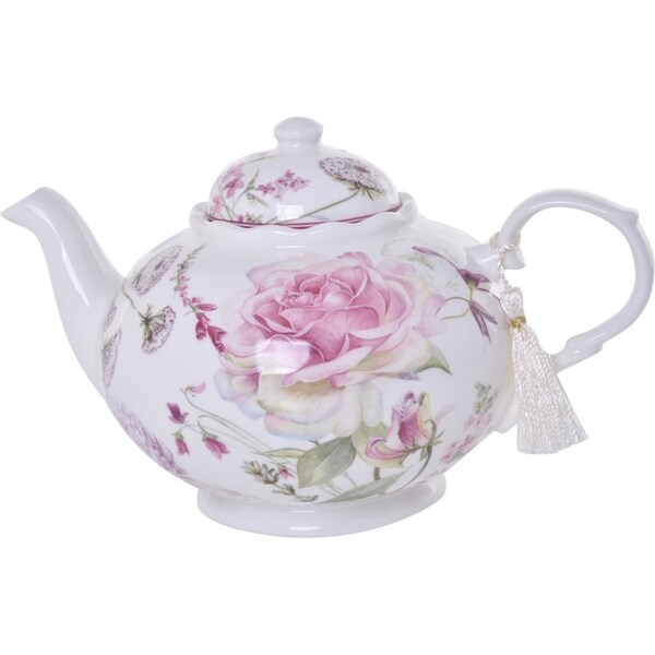 Gibson Gifts Roses & Dandelion Tasseled Teapot Serving Teatime Pot w/ Box